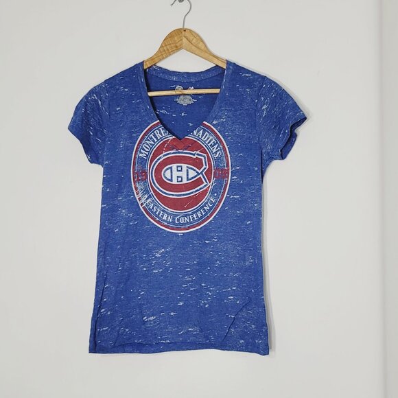 NHL Majestic Women Blue Canadians Cotton Blend Short Sleeve V-Neck T-Shirt Habs - Picture 1 of 9